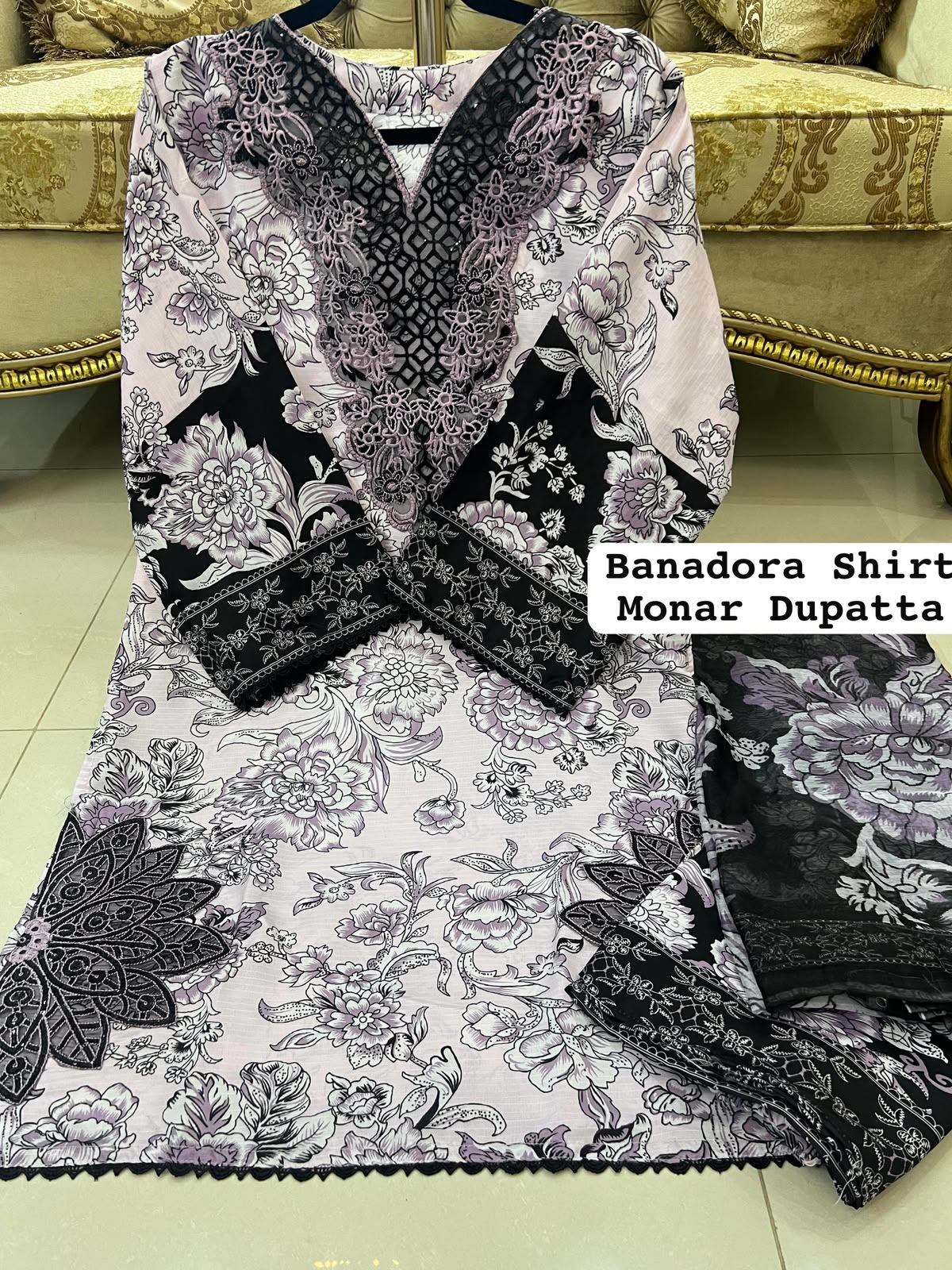 Purple Colour Banadora Embroidered 3 Pc Stitched Suit Bunch Design With Digital printed Monar Duppata alternate view