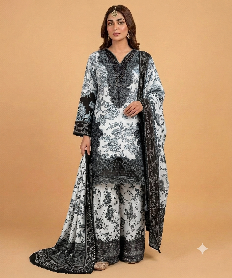 Black Colour Banadora Embroidered 3 Pc Stitched Suit Bunch Design With Digital printed Monar Duppata