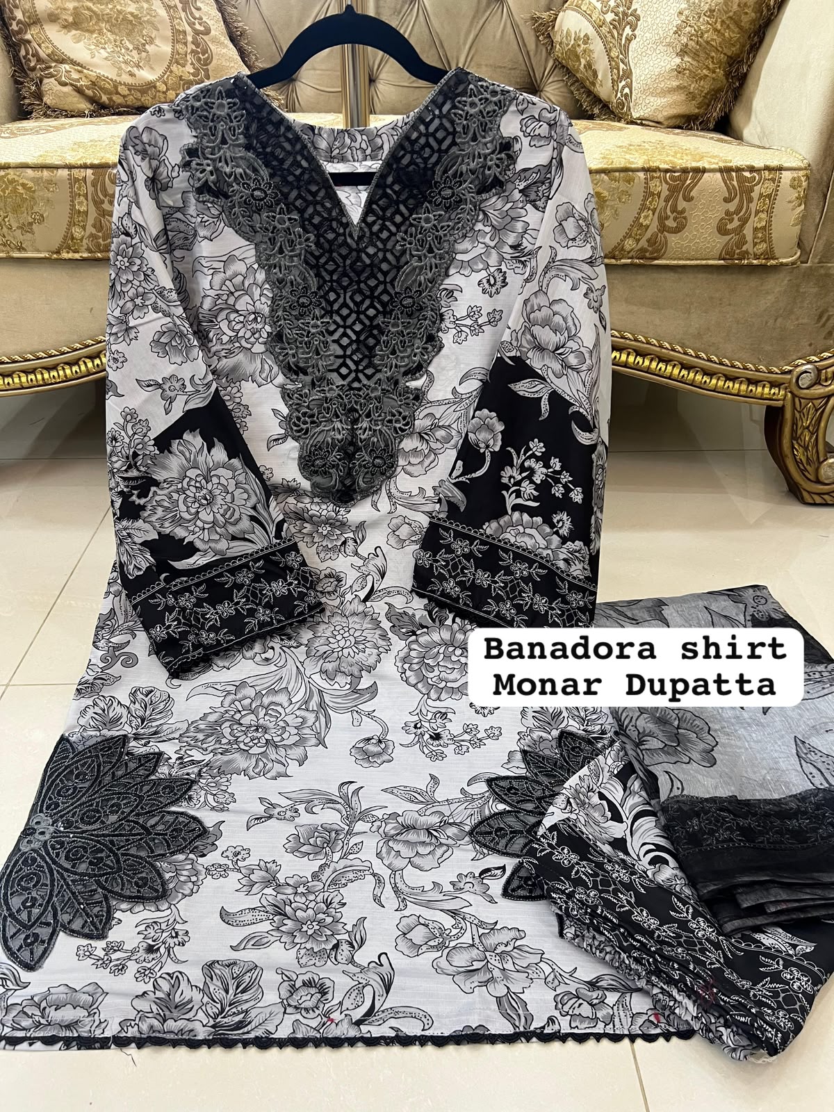 Black Colour Banadora Embroidered 3 Pc Stitched Suit Bunch Design With Digital printed Monar Duppata alternate view