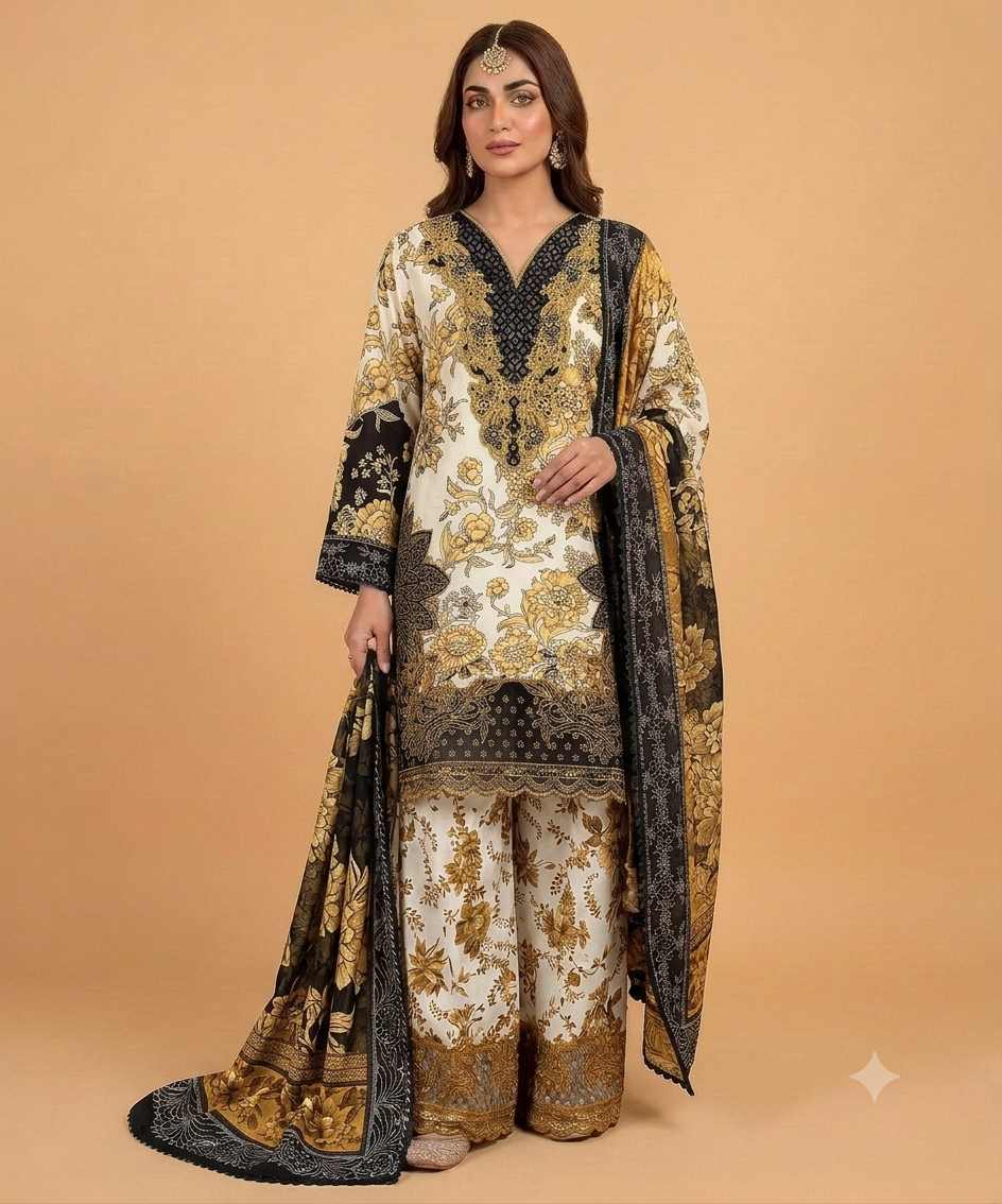 Yellow Colour Banadora Embroidered 3 Pc Stitched Suit Bunch Design With Digital printed Monar Duppata
