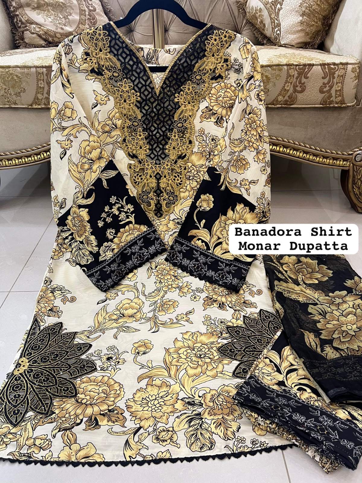 Yellow Colour Banadora Embroidered 3 Pc Stitched Suit Bunch Design With Digital printed Monar Duppata alternate view