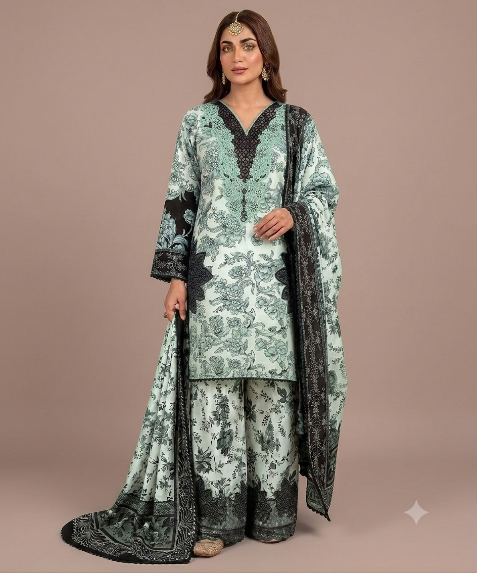 Green Colour Banadora Embroidered 3 Pc Stitched Suit Bunch Design With Digital printed Monar Duppata