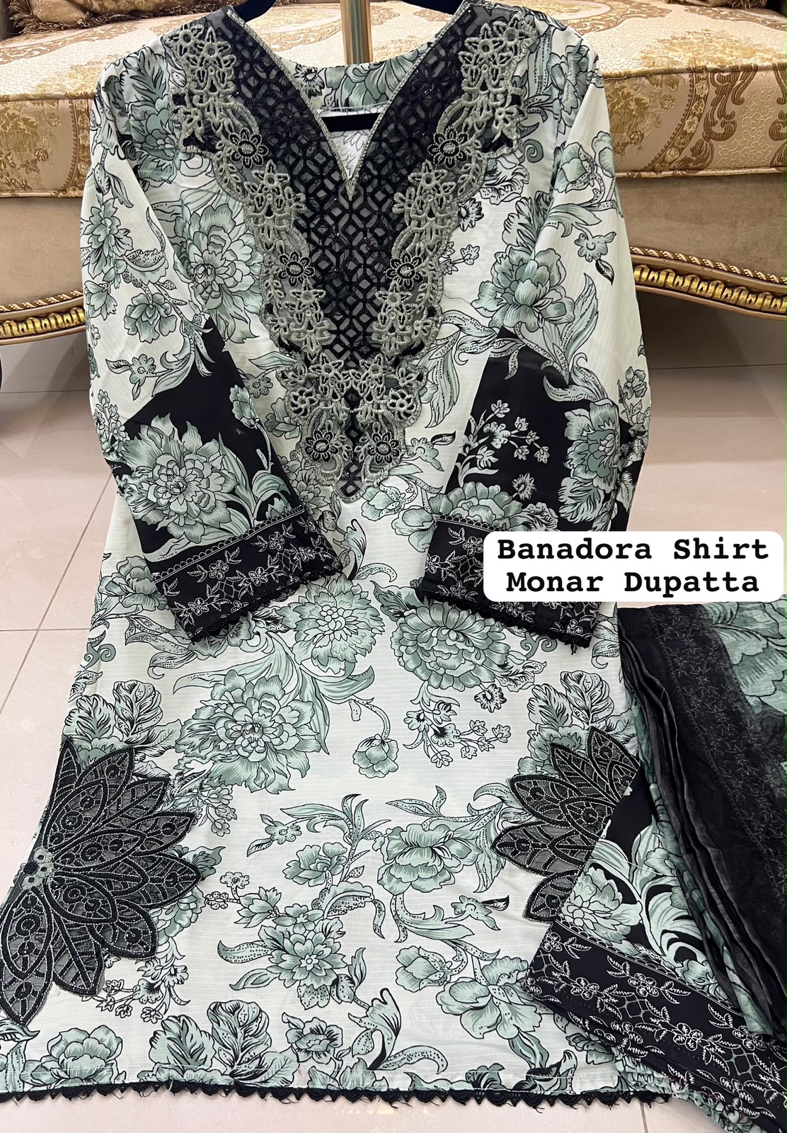 Green Colour Banadora Embroidered 3 Pc Stitched Suit Bunch Design With Digital printed Monar Duppata alternate view