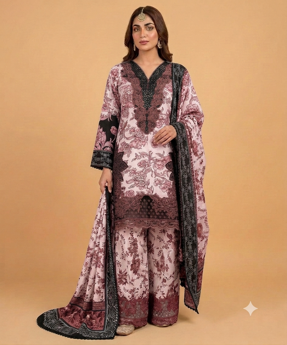 Peach Colour Banadora  Embroidered 3 Pc Stitched Suit  Bunch Design With Digital printed Monar Duppata