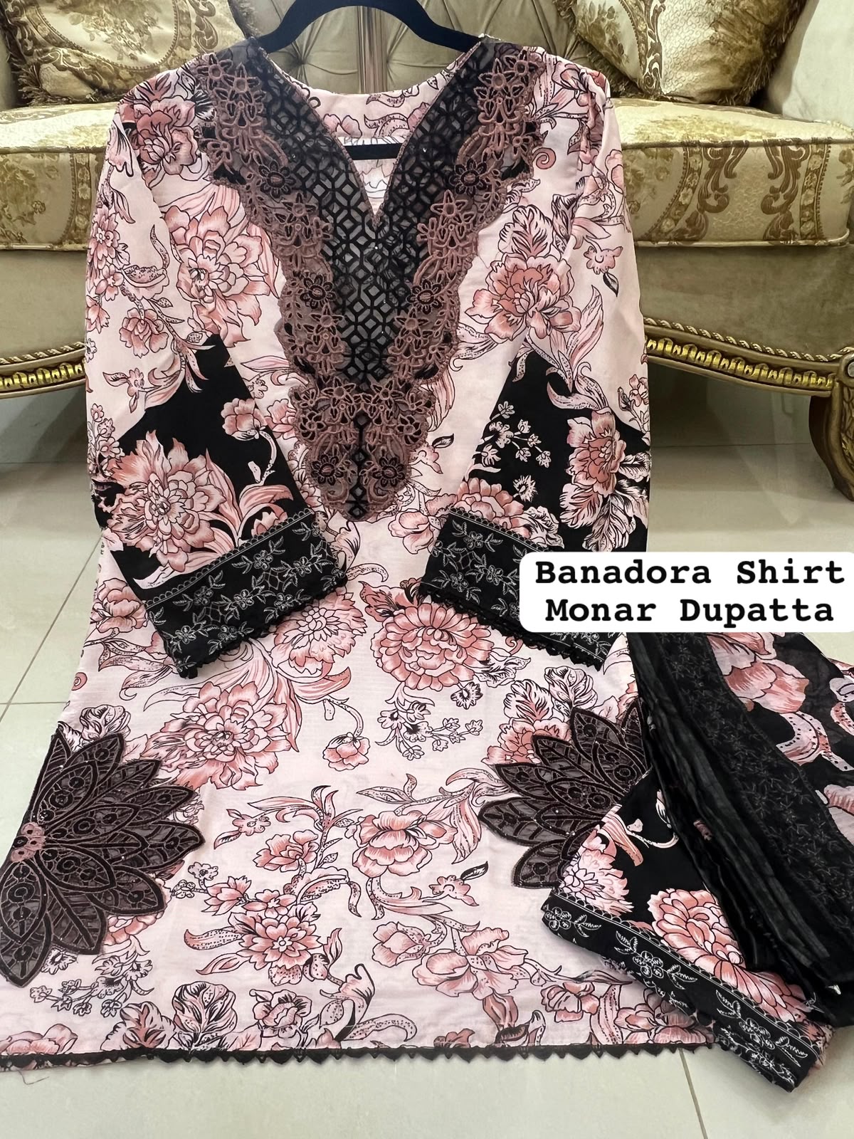 Peach Colour Banadora  Embroidered 3 Pc Stitched Suit  Bunch Design With Digital printed Monar Duppata alternate view