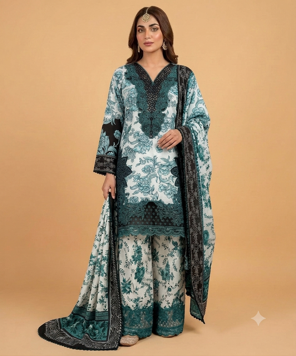 Blue Colour Banadora Embroidered 3 Pc Stitched Suit Bunch Design With Digital printed Monar Duppata