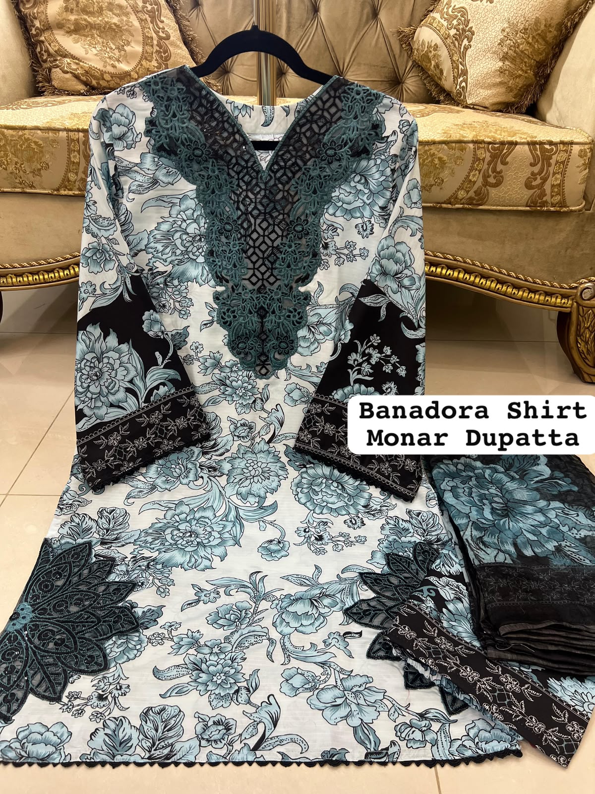 Blue Colour Banadora Embroidered 3 Pc Stitched Suit Bunch Design With Digital printed Monar Duppata alternate view