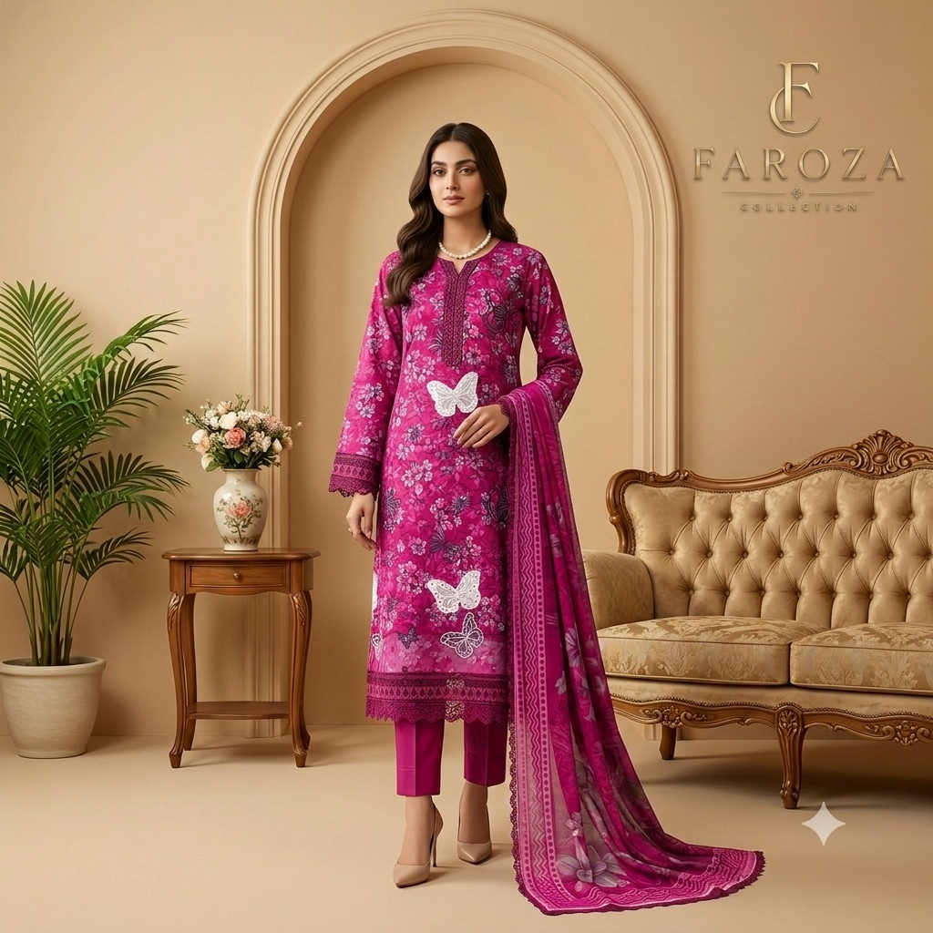 Shocking pink Colour Lawn 3-pc Embroidered Stitched Suit With Monar Duppata