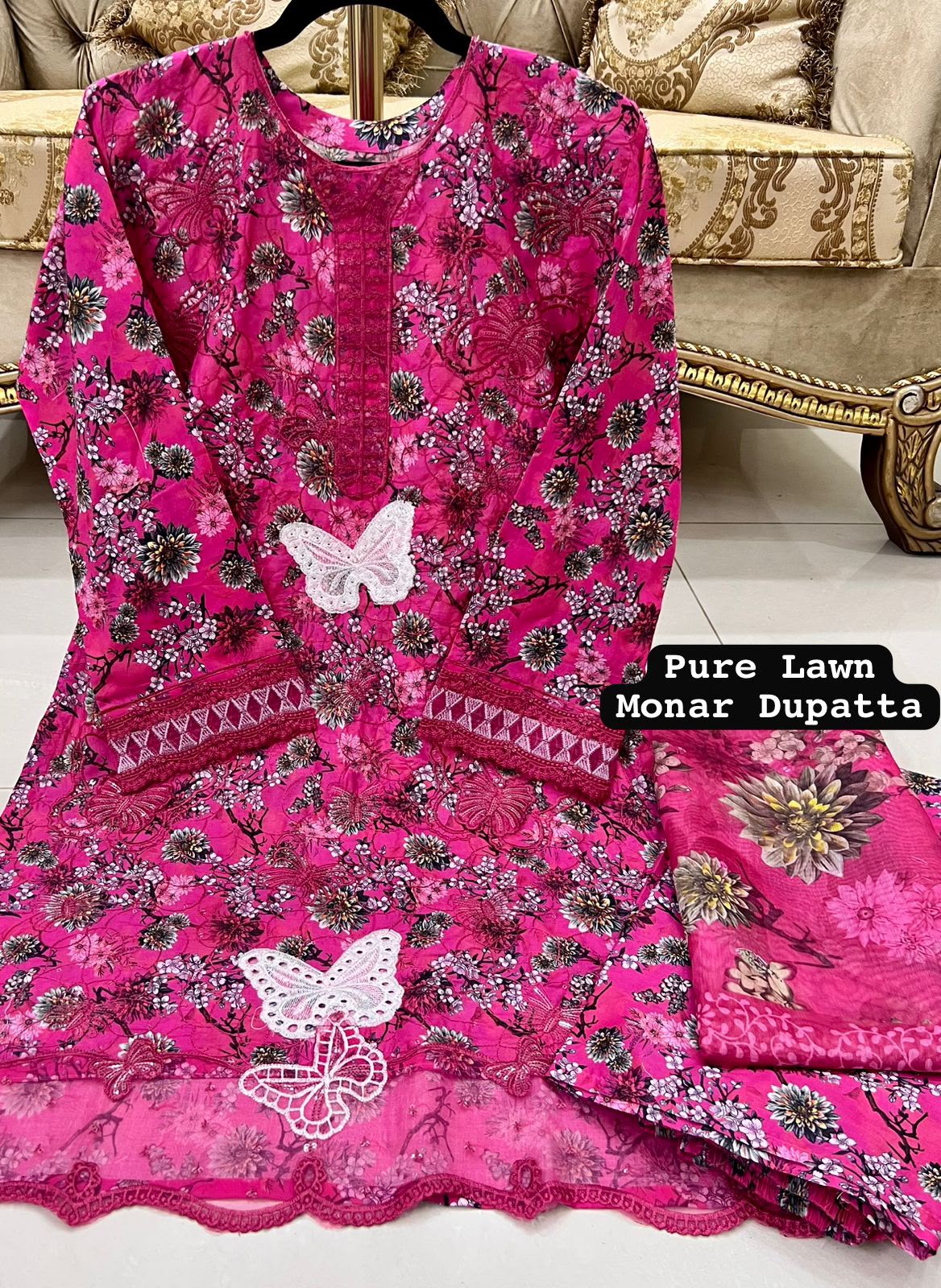 Shocking pink Colour Lawn 3-pc Embroidered Stitched Suit With Monar Duppata alternate view