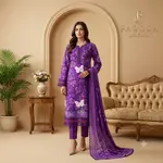 Purple Colour Lawn 3-pc Embroidered  Stitched Suit With Monar Duppata 1