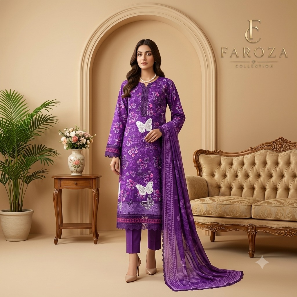 Purple Colour Lawn 3-pc Embroidered Stitched Suit With Monar Duppata