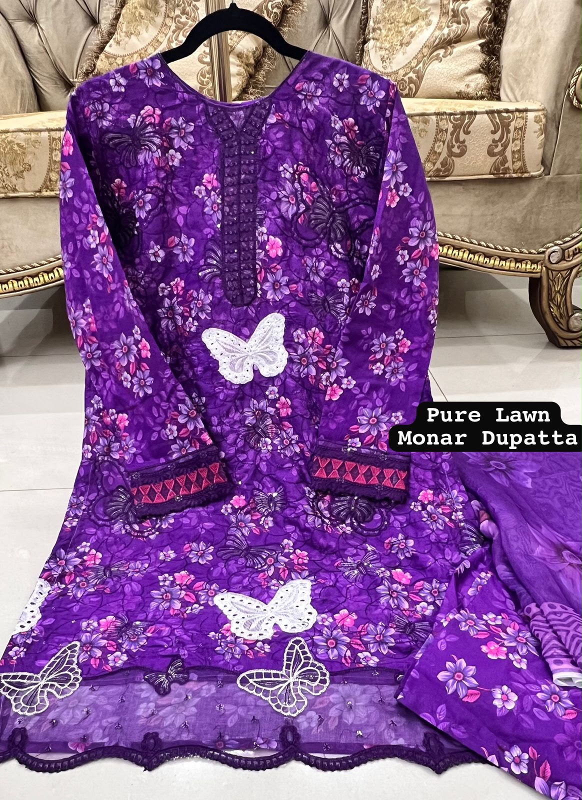 Purple Colour Lawn 3-pc Embroidered Stitched Suit With Monar Duppata alternate view