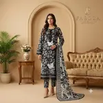 Black Colour Lawn 3-pc Embroidered  Stitched Suit With Monar Duppata 1
