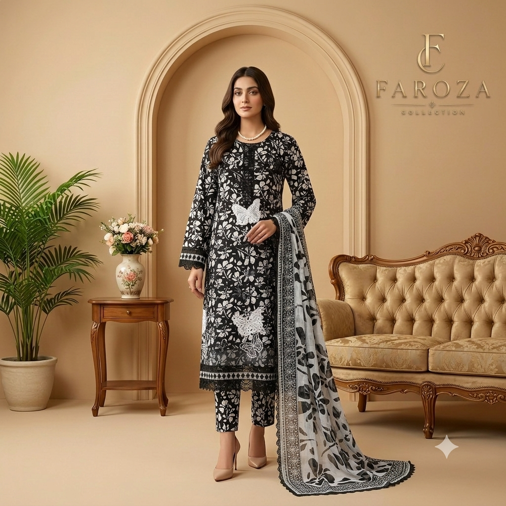 Black Colour Lawn 3-pc Embroidered Stitched Suit With Monar Duppata