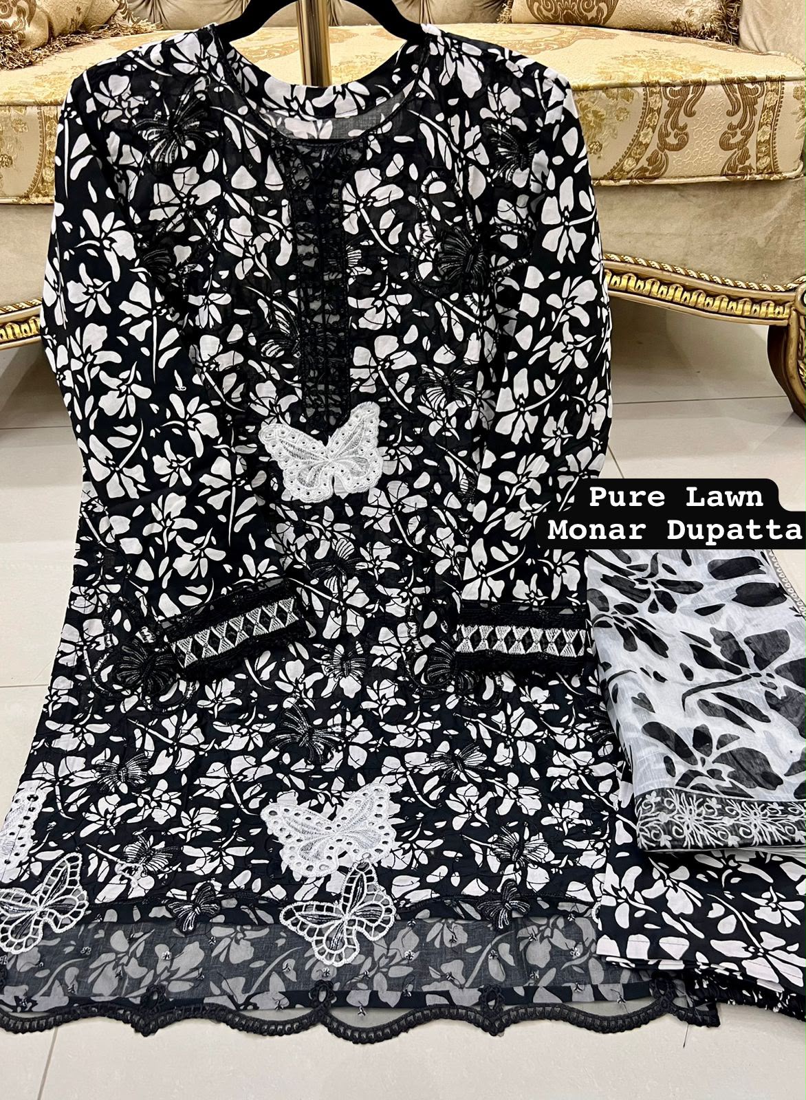 Black Colour Lawn 3-pc Embroidered Stitched Suit With Monar Duppata alternate view