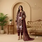 Chocolate Colour Lawn 3-pc Embroidered  Stitched Suit With Monar Duppata 1