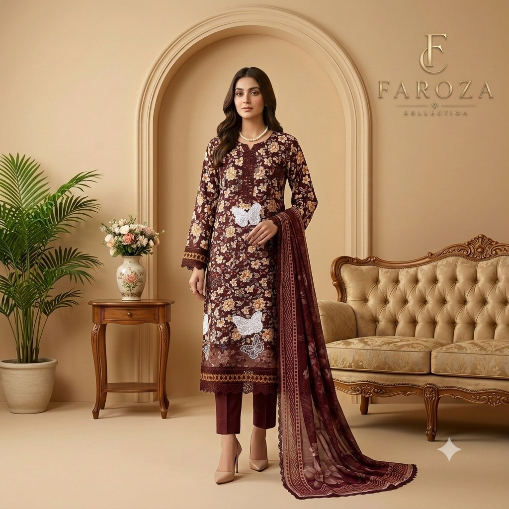 Chocolate Colour Lawn 3-pc Embroidered Stitched Suit With Monar Duppata