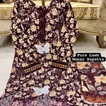 Chocolate Colour Lawn 3-pc Embroidered  Stitched Suit With Monar Duppata 2