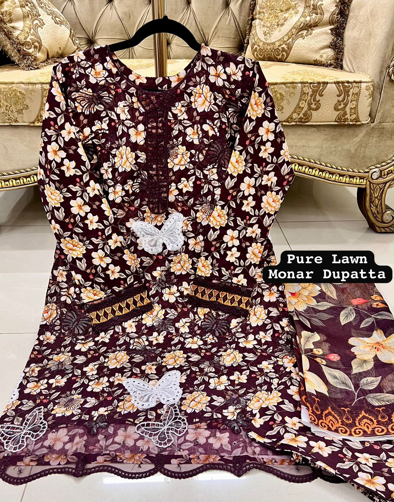 Chocolate Colour Lawn 3-pc Embroidered Stitched Suit With Monar Duppata alternate view