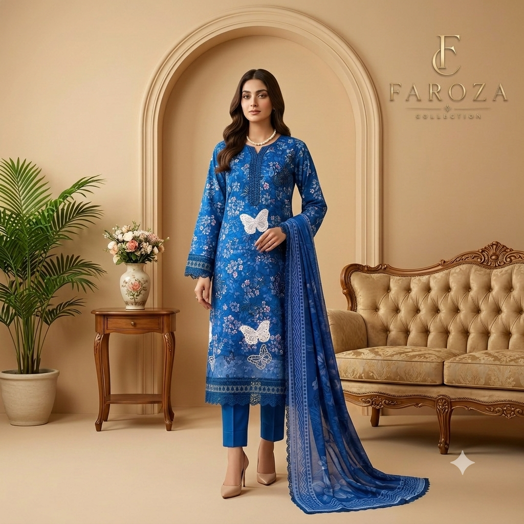 Ferozi Colour Lawn 3-pc Embroidered Stitched Suit With Monar Duppata