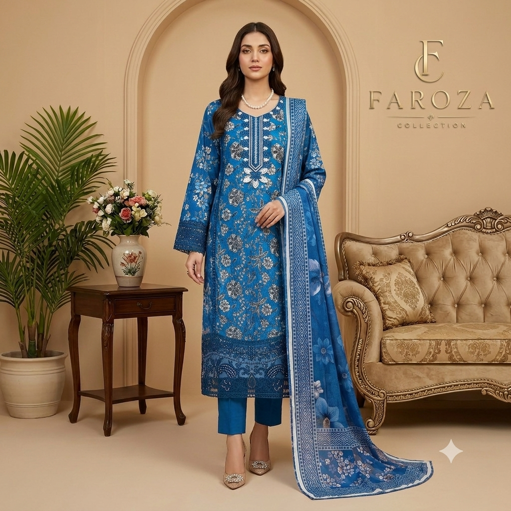 Sky Blue Colour Printed Lawn 3 Pc Stitched Embroidered Suit with Digital Printed Monar Duppata .