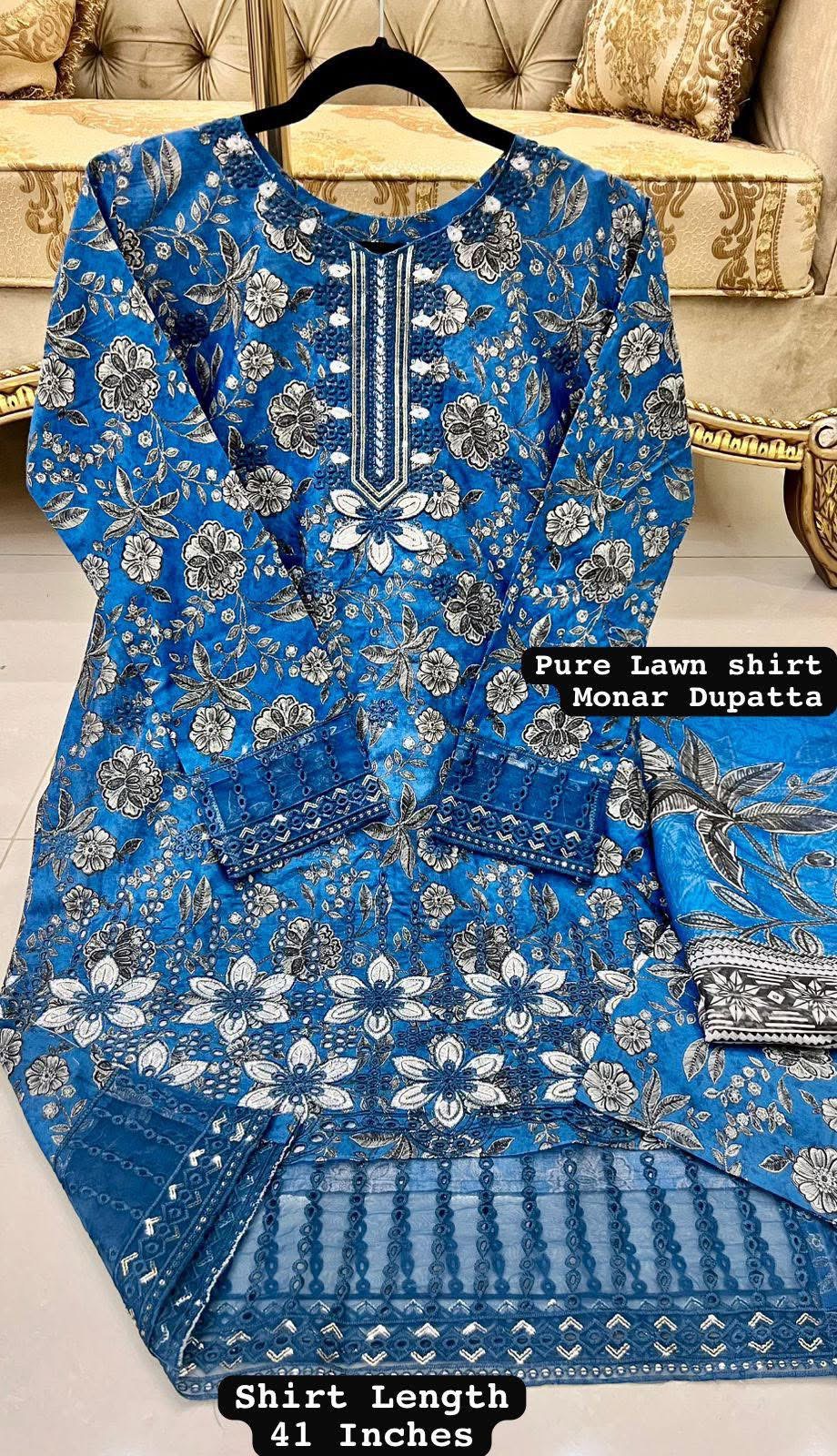 Sky Blue Colour Printed Lawn 3 Pc Stitched Embroidered Suit with Digital Printed Monar Duppata . alternate view