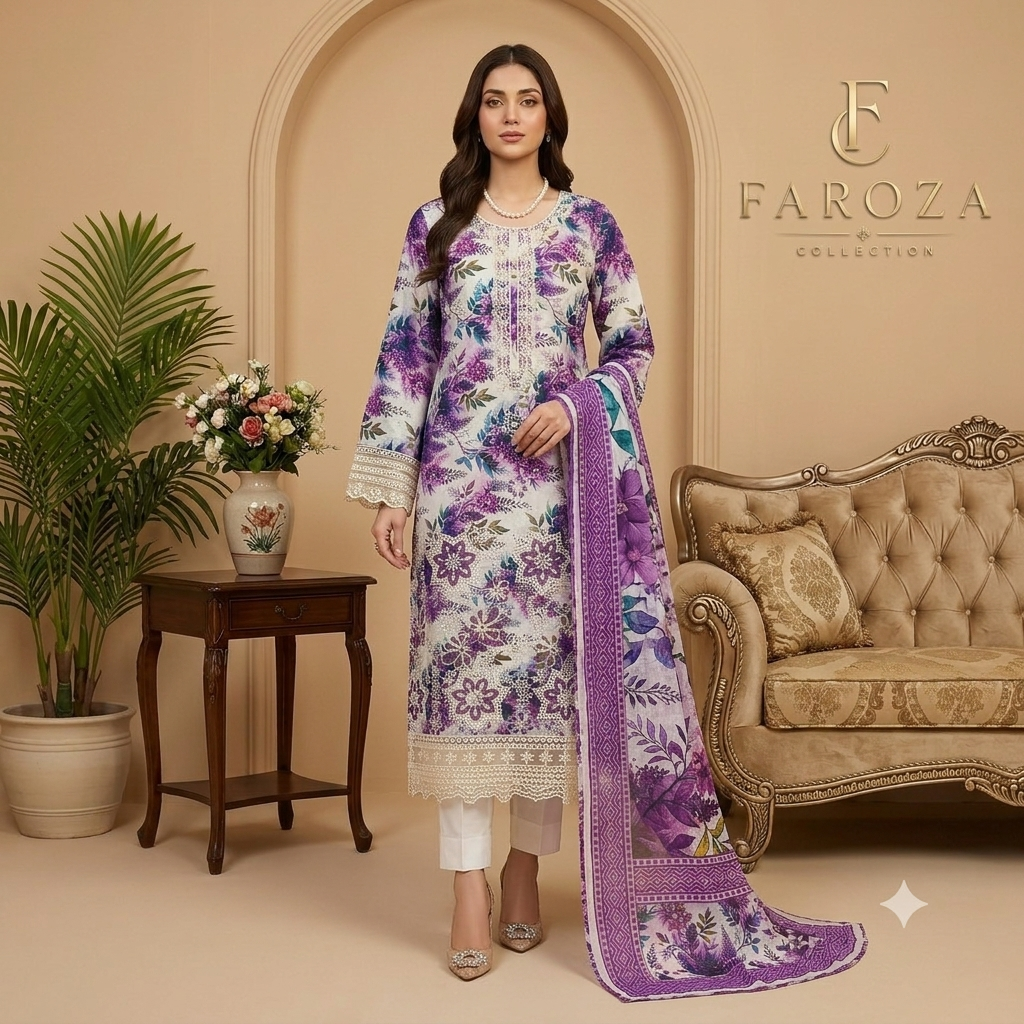 Multi Colour Lawn 3 Pc Printed Stitched suit with monar Duppata Standard Size