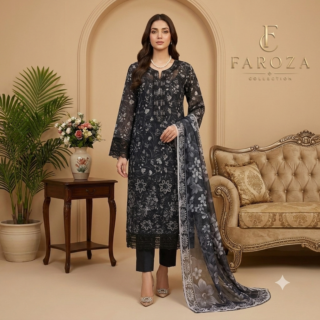 Black Colour Lawn 3 Pc Printed Stitched suit with monar Duppata Standard Size