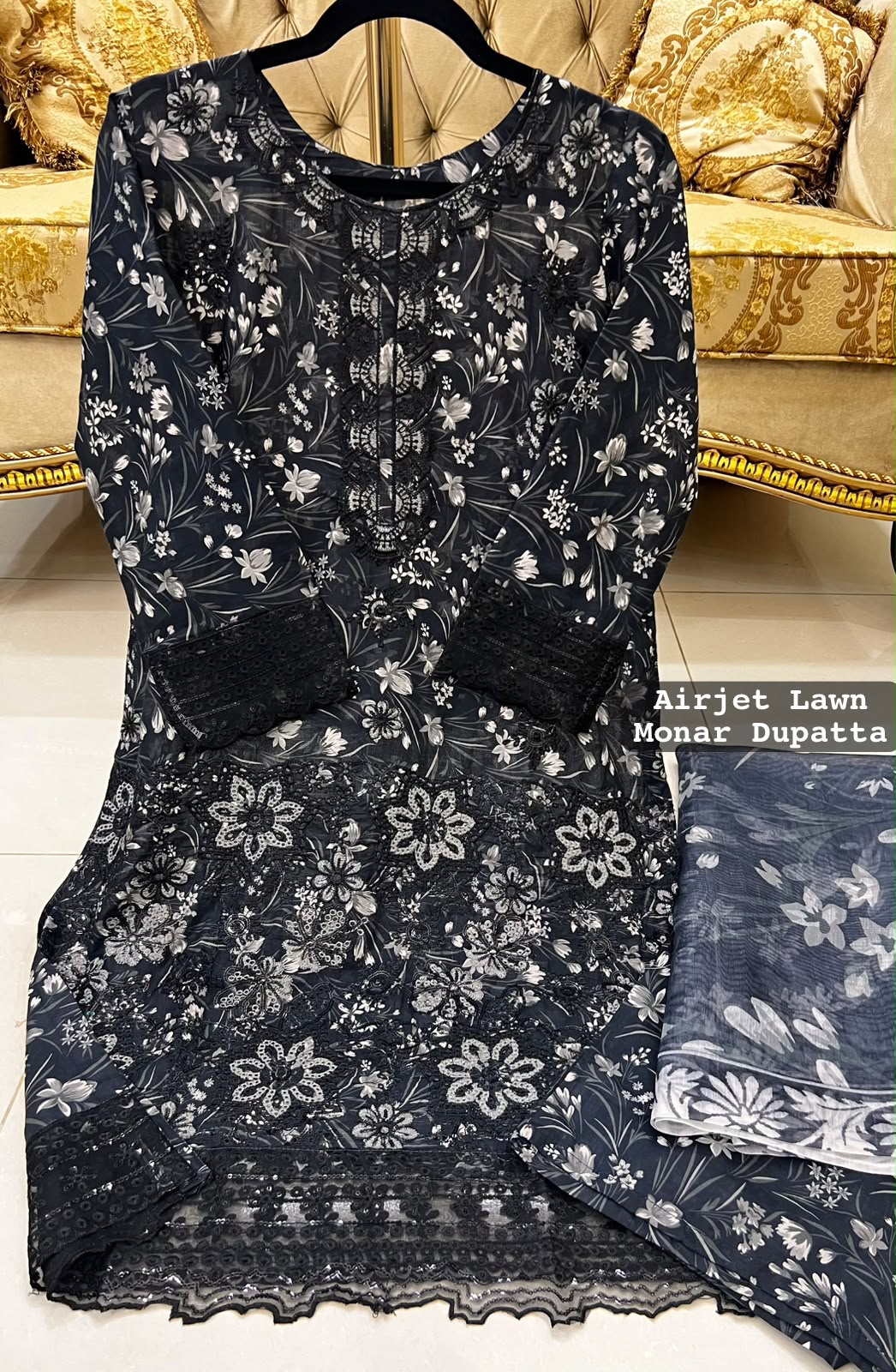 Black Colour Lawn 3 Pc Printed Stitched suit with monar Duppata Standard Size alternate view