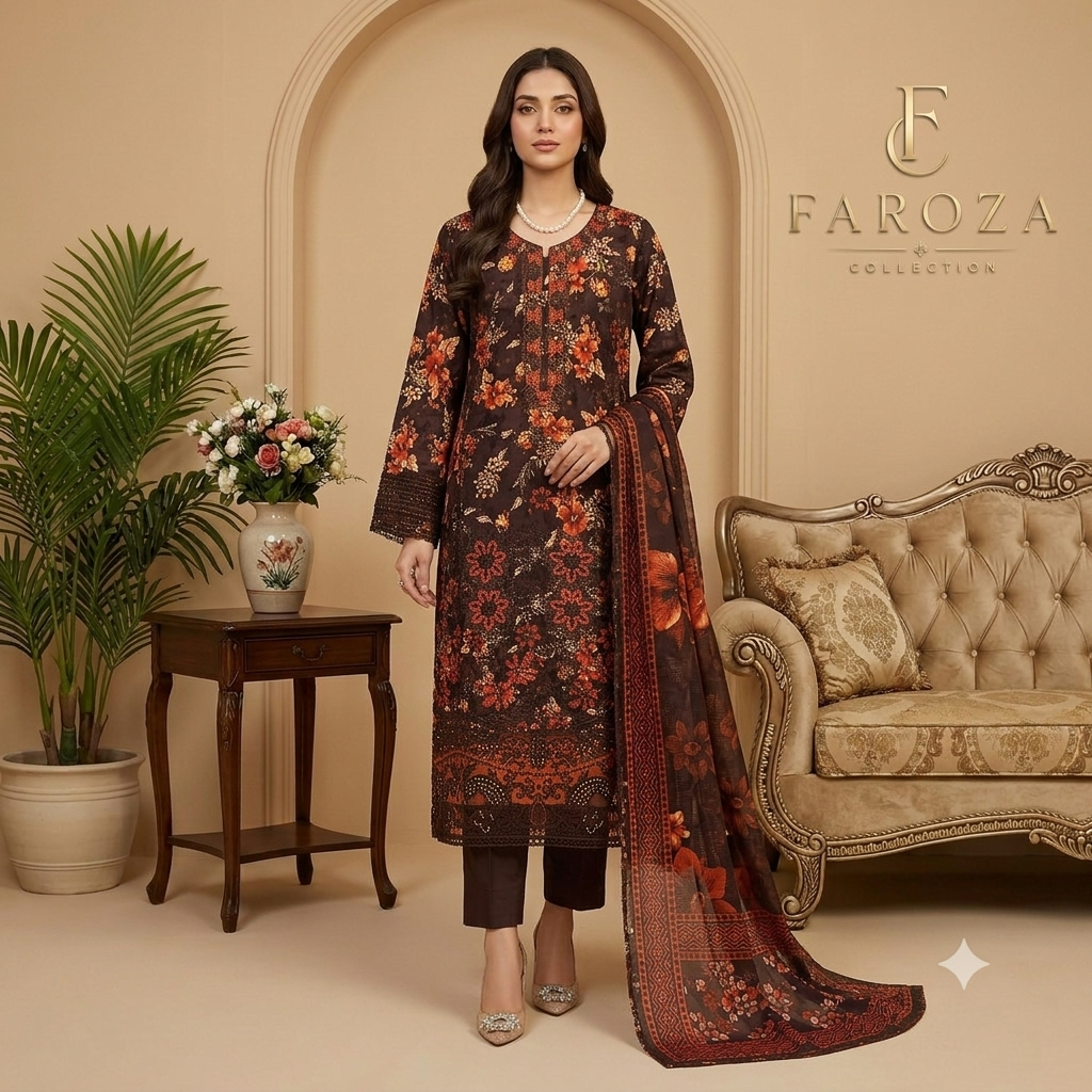 Brown Colour Lawn 3 Pc Printed Stitched suit with monar Duppata Standard Size