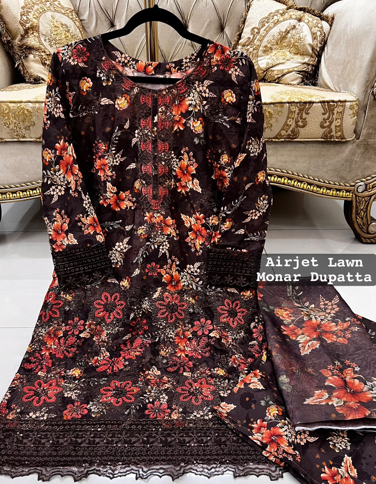 Brown Colour Lawn 3 Pc Printed Stitched suit with monar Duppata Standard Size alternate view