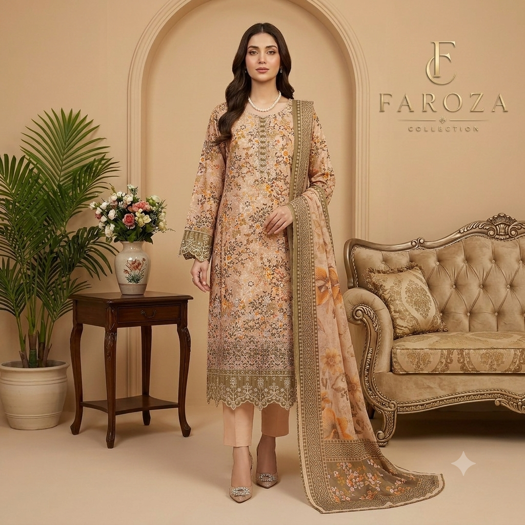GOLDEN Colour Printed Lawn 3 Pc Stitched Embroidered Suit with Digital Printed Monar Duppata .