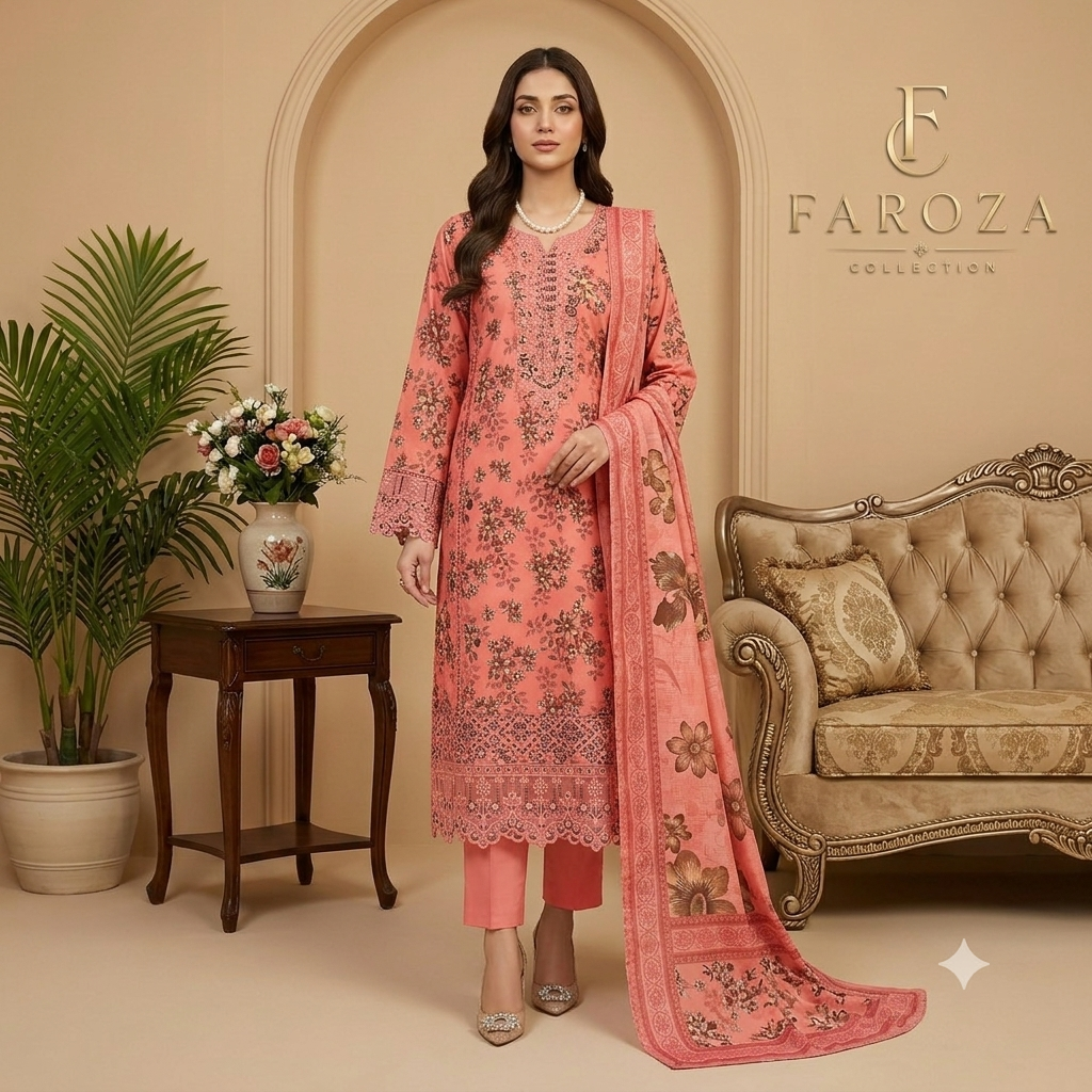Peach Colour Printed Lawn 3 Pc Stitched Embroidered Suit with Digital Printed Monar Duppata .