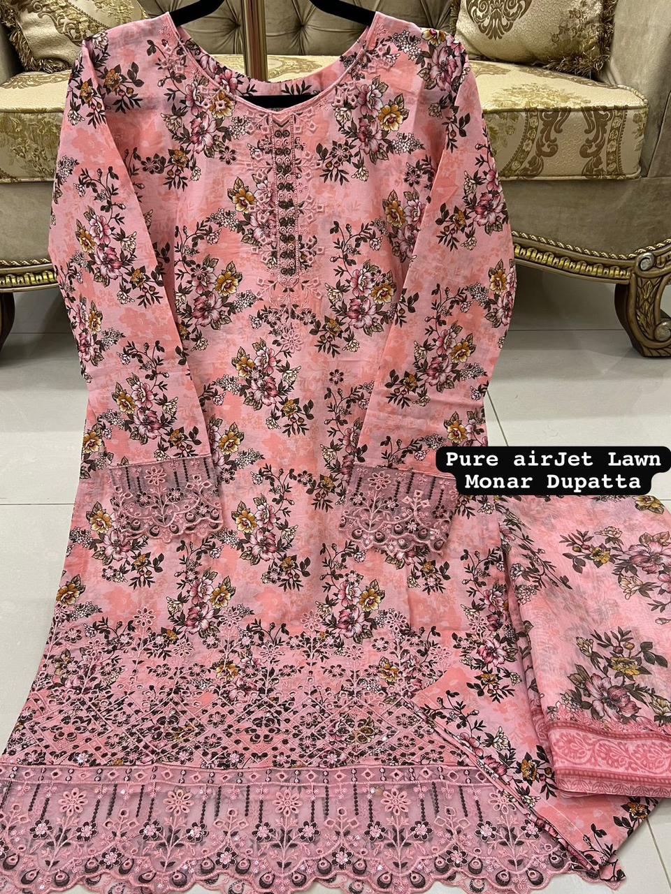 Peach Colour Printed Lawn 3 Pc Stitched Embroidered Suit with Digital Printed Monar Duppata . alternate view