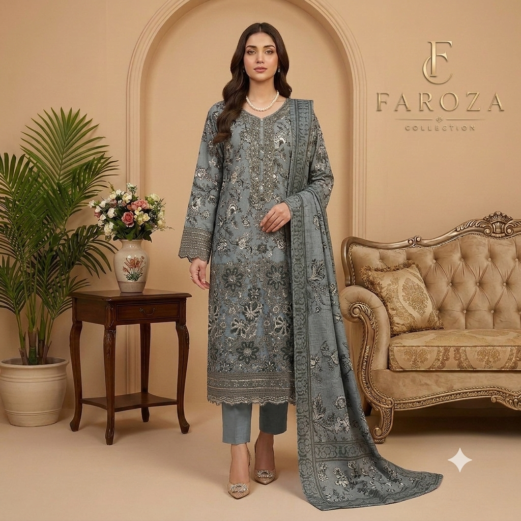 Gray Colour Lawn 3 Pc Printed Stitched suit with monar Duppata Standard Size