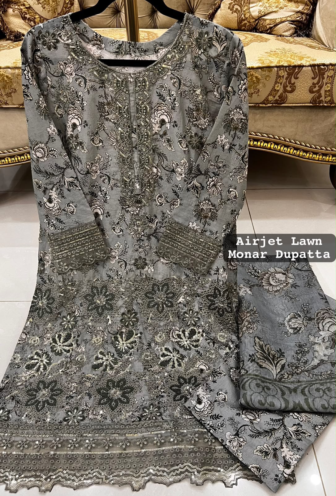 Gray Colour Lawn 3 Pc Printed Stitched suit with monar Duppata Standard Size alternate view