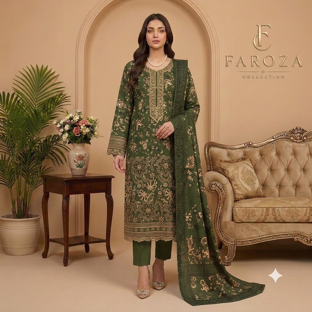 Green Colour Printed Lawn 3 Pc Stitched Embroidered Suit with Digital Printed Monar Duppata .