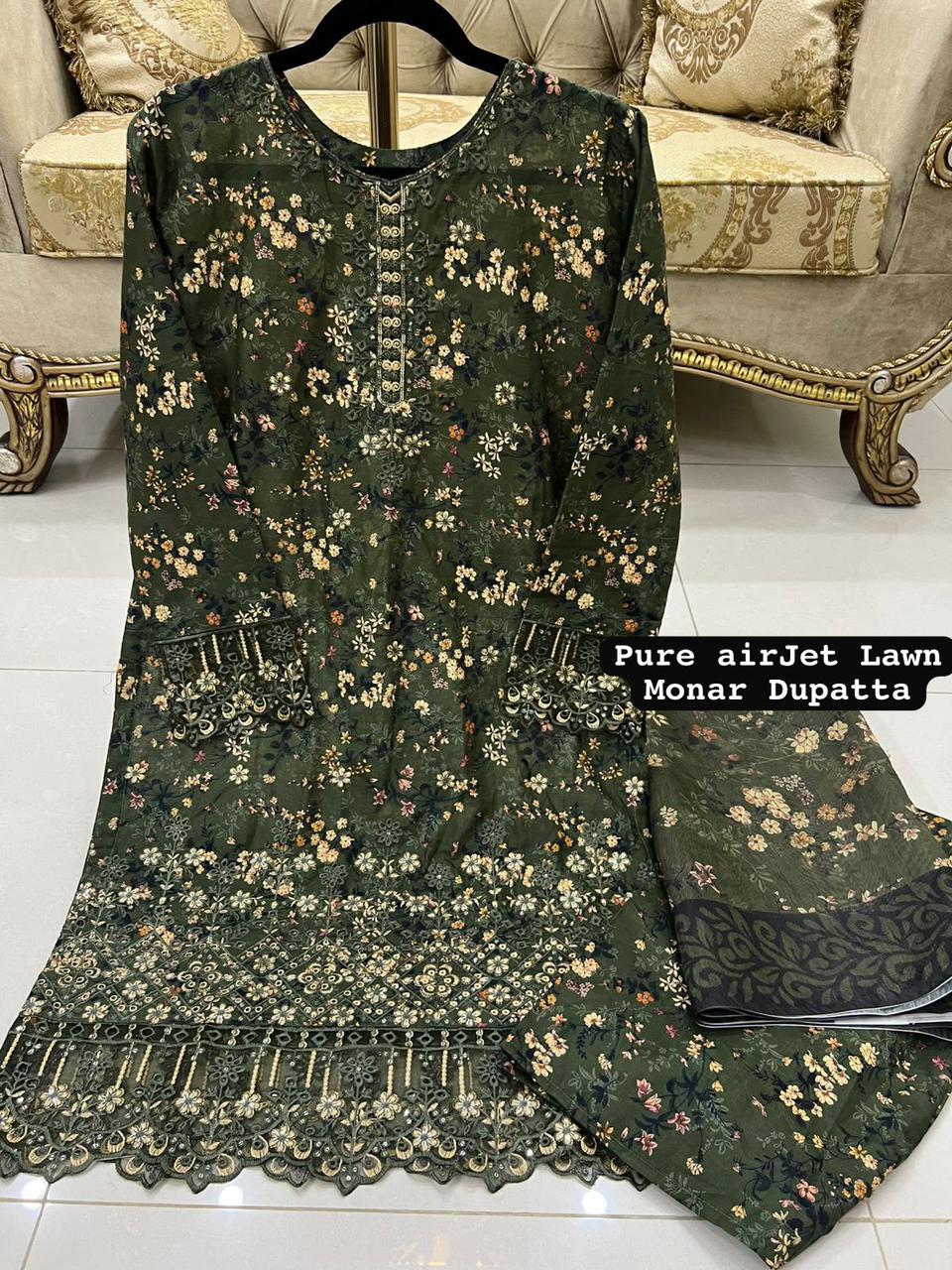 Green Colour Printed Lawn 3 Pc Stitched Embroidered Suit with Digital Printed Monar Duppata . alternate view