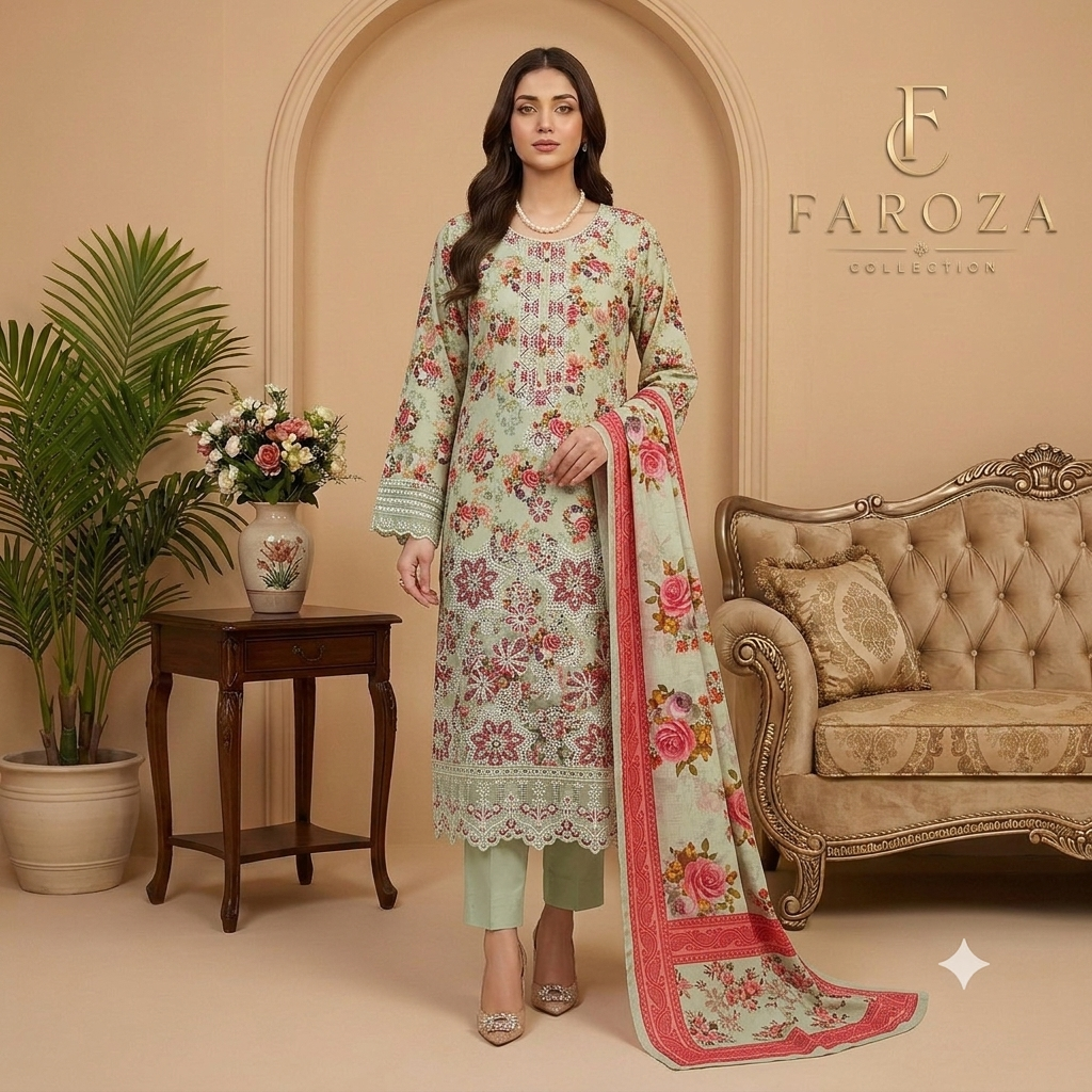 Pista Colour Lawn 3 Pc Printed Stitched suit with monar Duppata Standard Size
