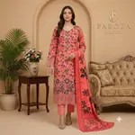 Peach Colour Lawn 3 Pc Printed Stitched suit with monar Duppata Standard Size 1