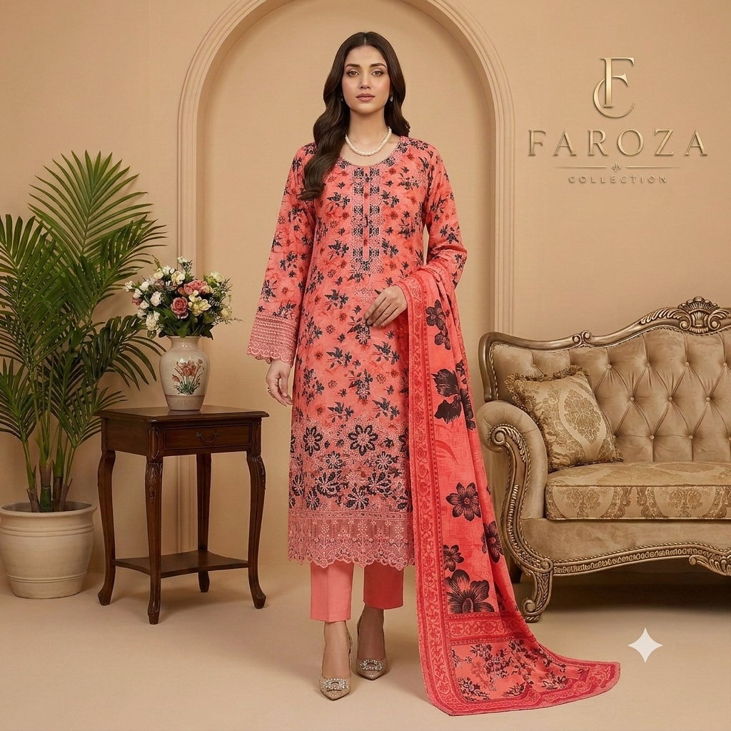 Peach Colour Lawn 3 Pc Printed Stitched suit with monar Duppata Standard Size