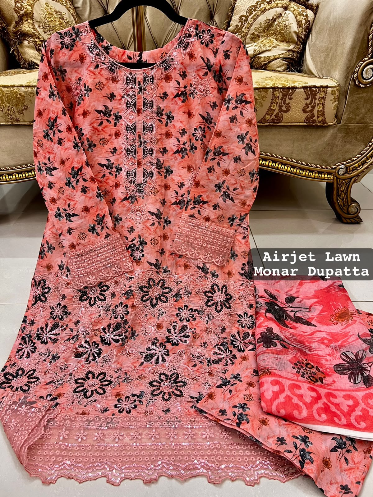 Peach Colour Lawn 3 Pc Printed Stitched suit with monar Duppata Standard Size alternate view
