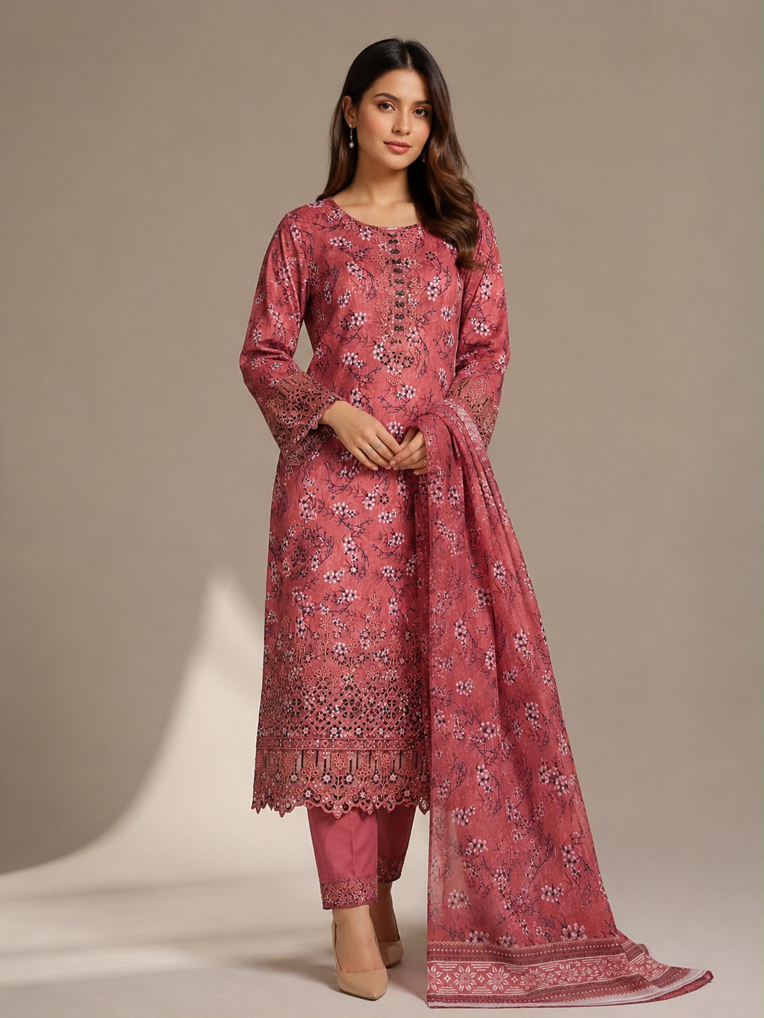 Dark Peach Colour Printed Lawn 3 Pc Stitched Embroidered Suit with Digital Printed Monar Duppata .