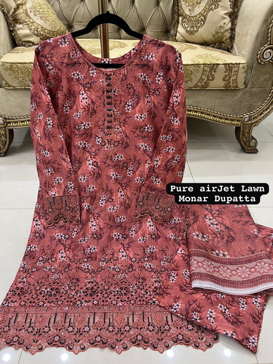 Dark Peach Colour Printed Lawn 3 Pc Stitched Embroidered Suit with Digital Printed Monar Duppata . alternate view