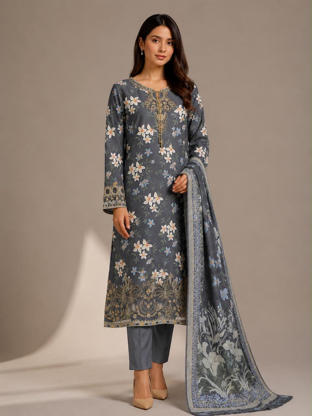 Grey Colour Lawn 3 Pc Printed Stitched suit with monar Duppata Standard Size