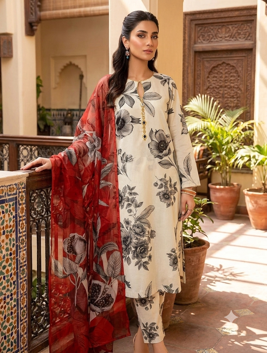 3 PICECE Suit Digital Printed For Girls